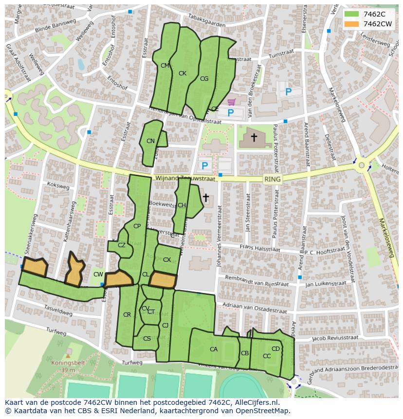 Afbeelding van het postcodegebied 7462 CW op de kaart.