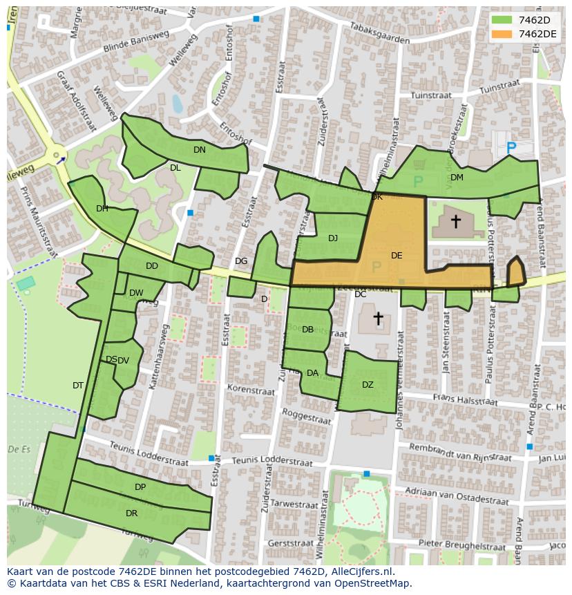 Afbeelding van het postcodegebied 7462 DE op de kaart.