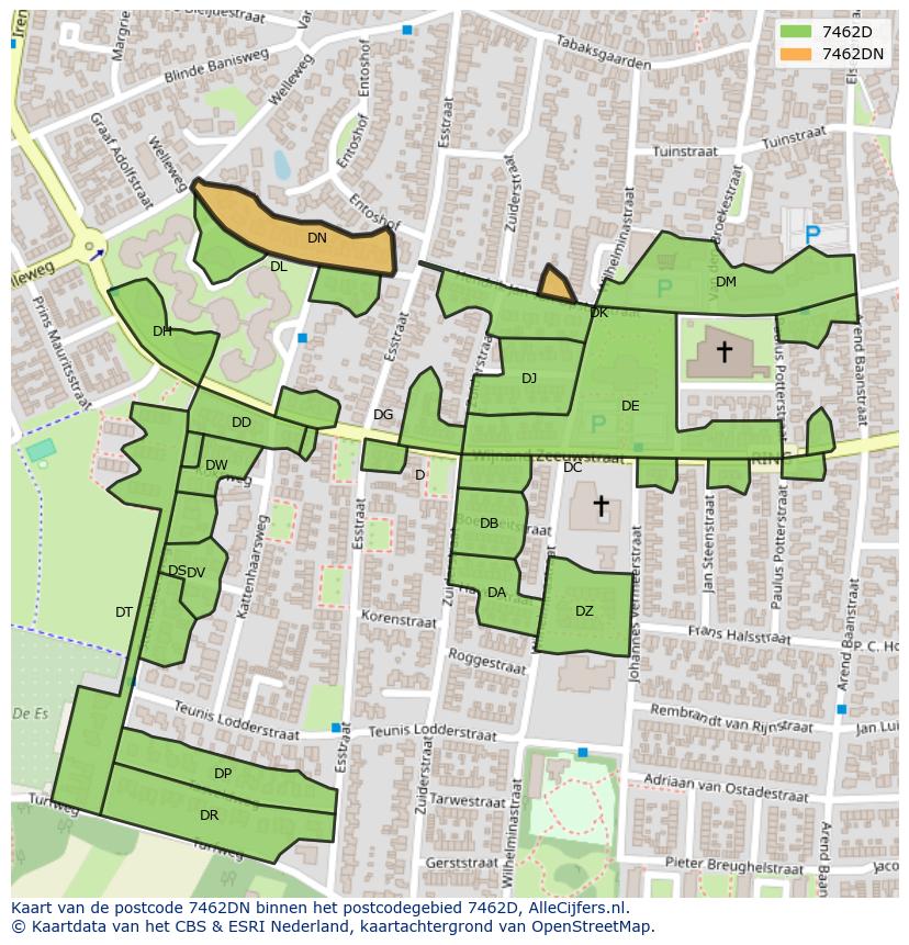 Afbeelding van het postcodegebied 7462 DN op de kaart.