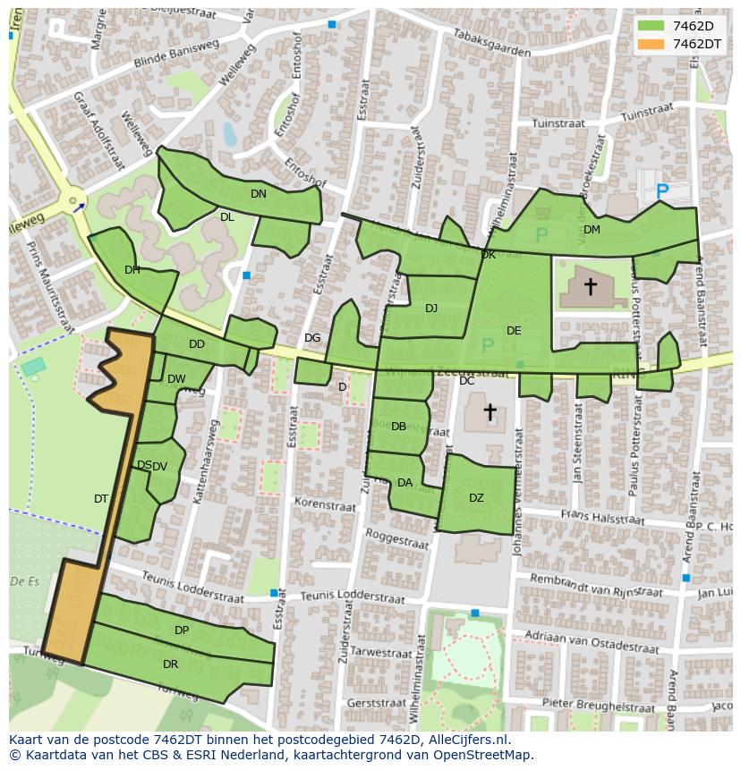 Afbeelding van het postcodegebied 7462 DT op de kaart.
