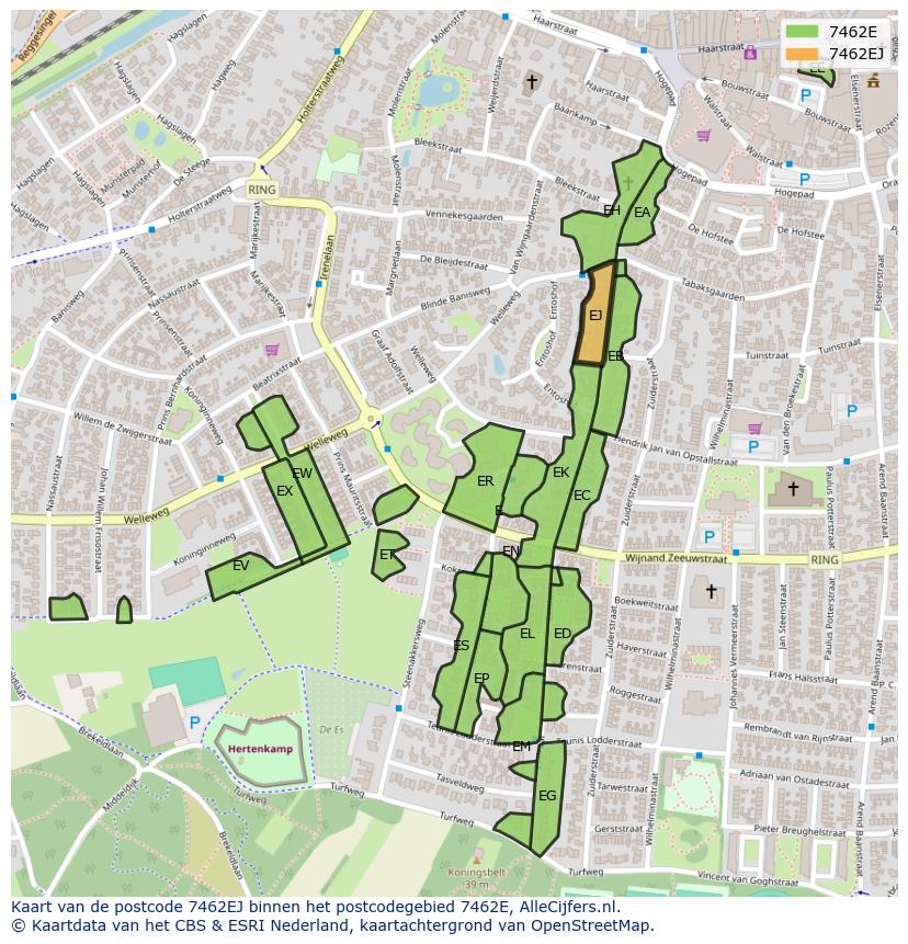 Afbeelding van het postcodegebied 7462 EJ op de kaart.