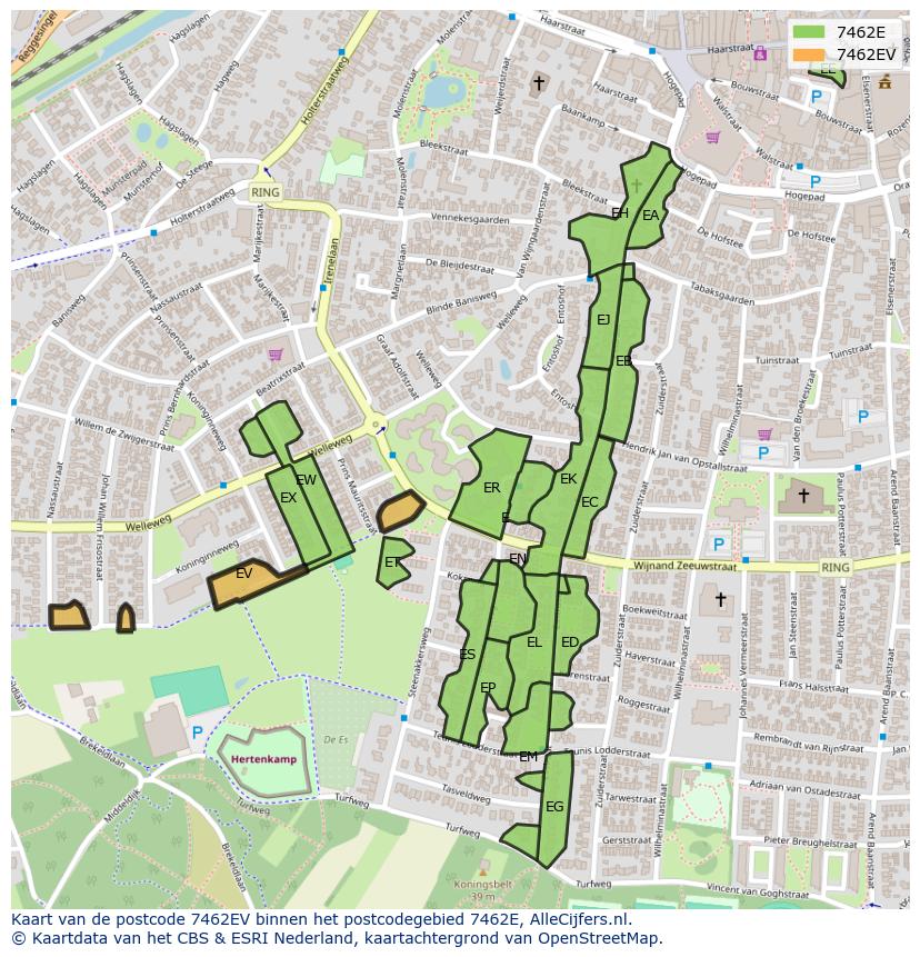 Afbeelding van het postcodegebied 7462 EV op de kaart.
