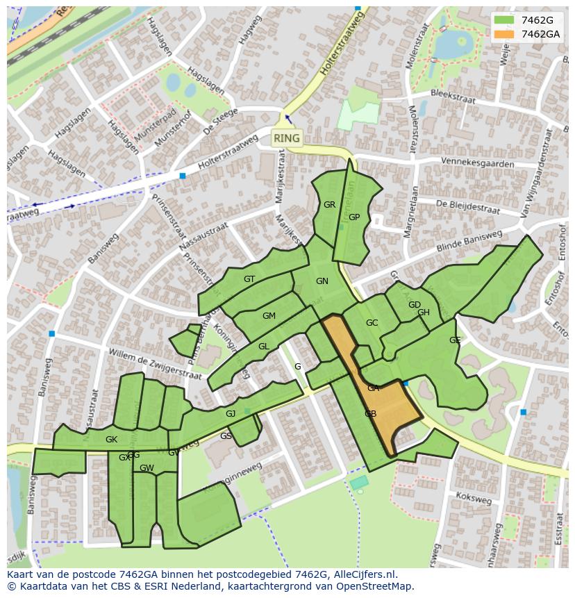 Afbeelding van het postcodegebied 7462 GA op de kaart.