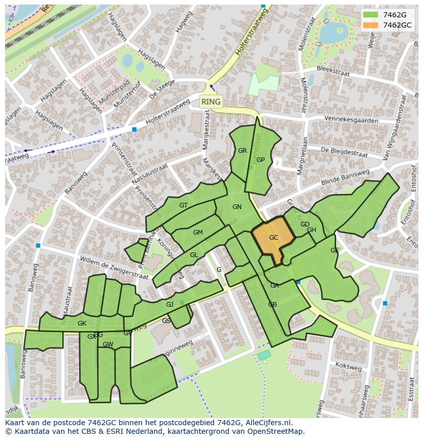 Afbeelding van het postcodegebied 7462 GC op de kaart.