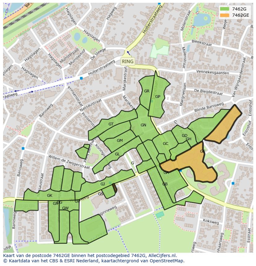 Afbeelding van het postcodegebied 7462 GE op de kaart.