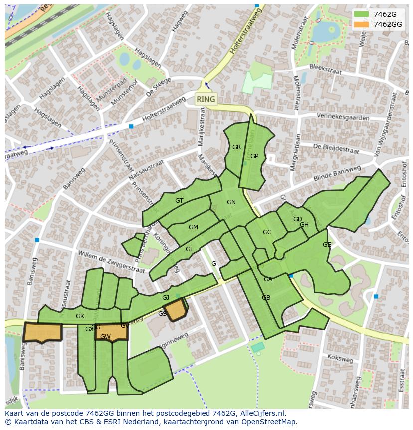 Afbeelding van het postcodegebied 7462 GG op de kaart.