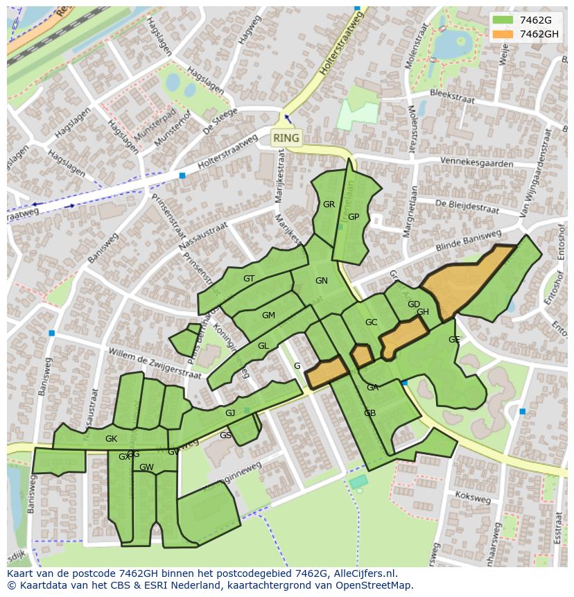 Afbeelding van het postcodegebied 7462 GH op de kaart.