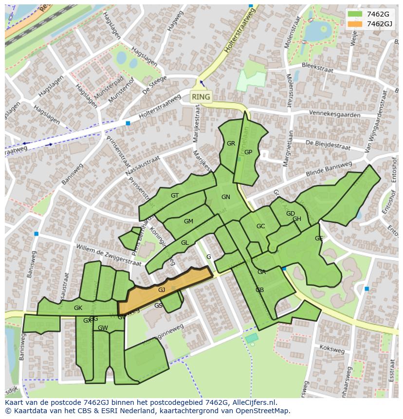 Afbeelding van het postcodegebied 7462 GJ op de kaart.