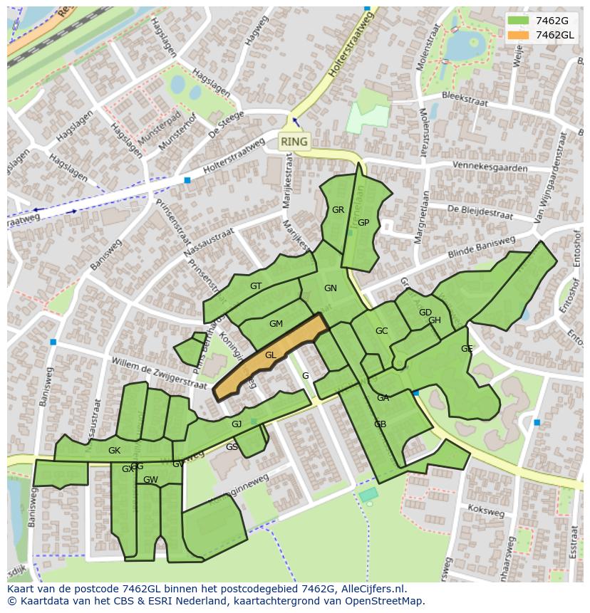 Afbeelding van het postcodegebied 7462 GL op de kaart.