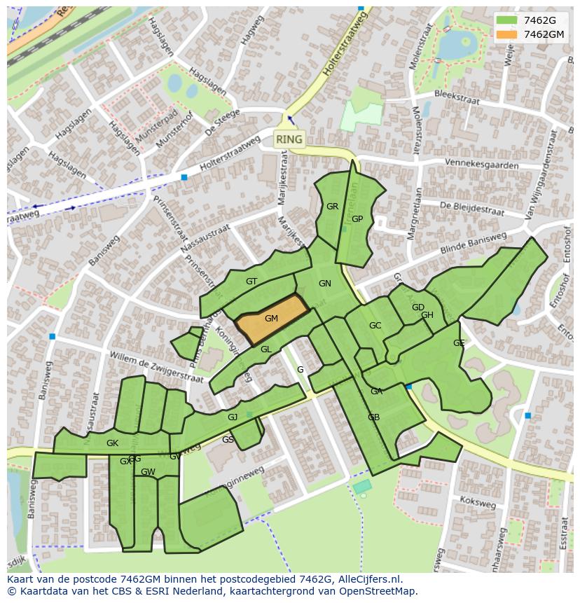 Afbeelding van het postcodegebied 7462 GM op de kaart.