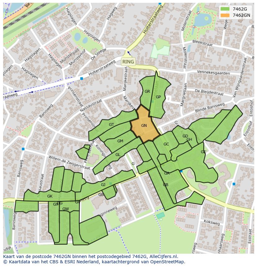 Afbeelding van het postcodegebied 7462 GN op de kaart.
