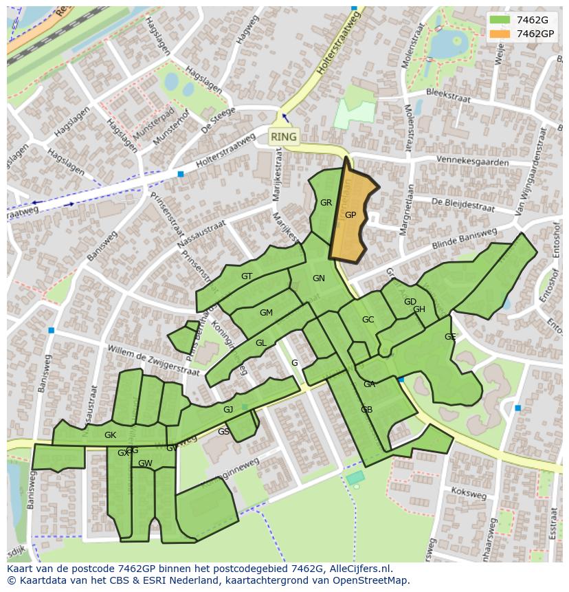 Afbeelding van het postcodegebied 7462 GP op de kaart.