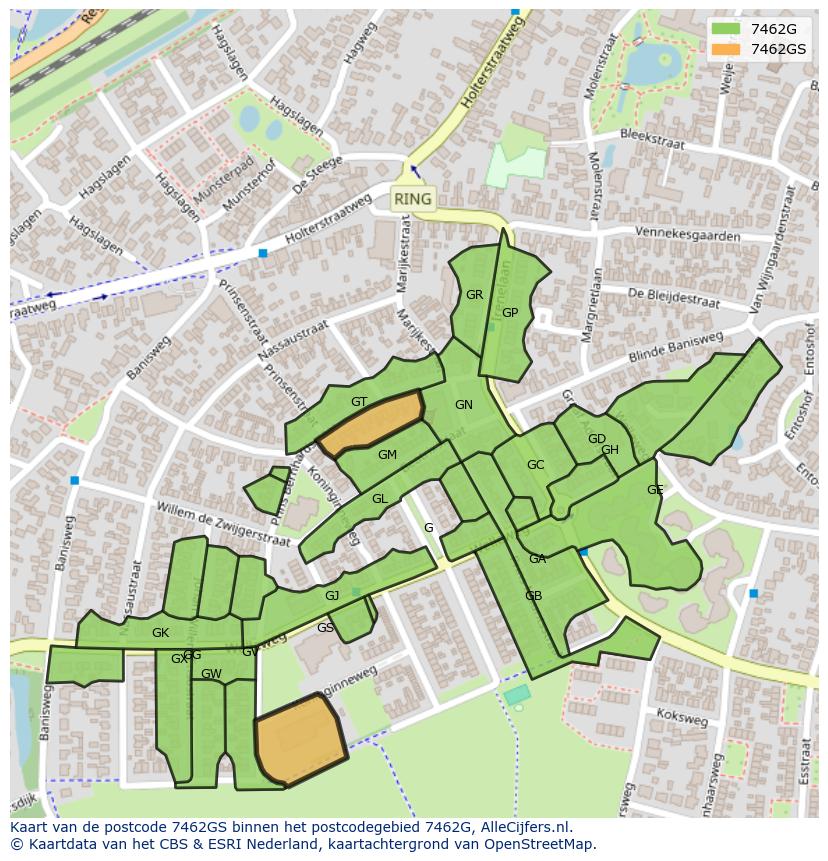Afbeelding van het postcodegebied 7462 GS op de kaart.