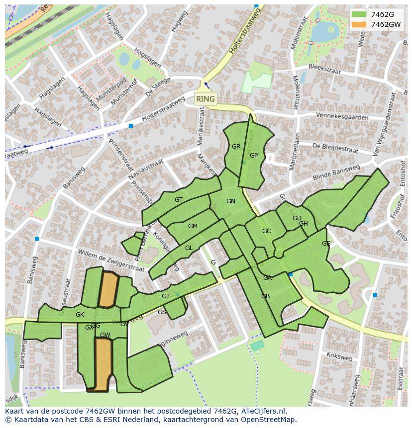 Afbeelding van het postcodegebied 7462 GW op de kaart.