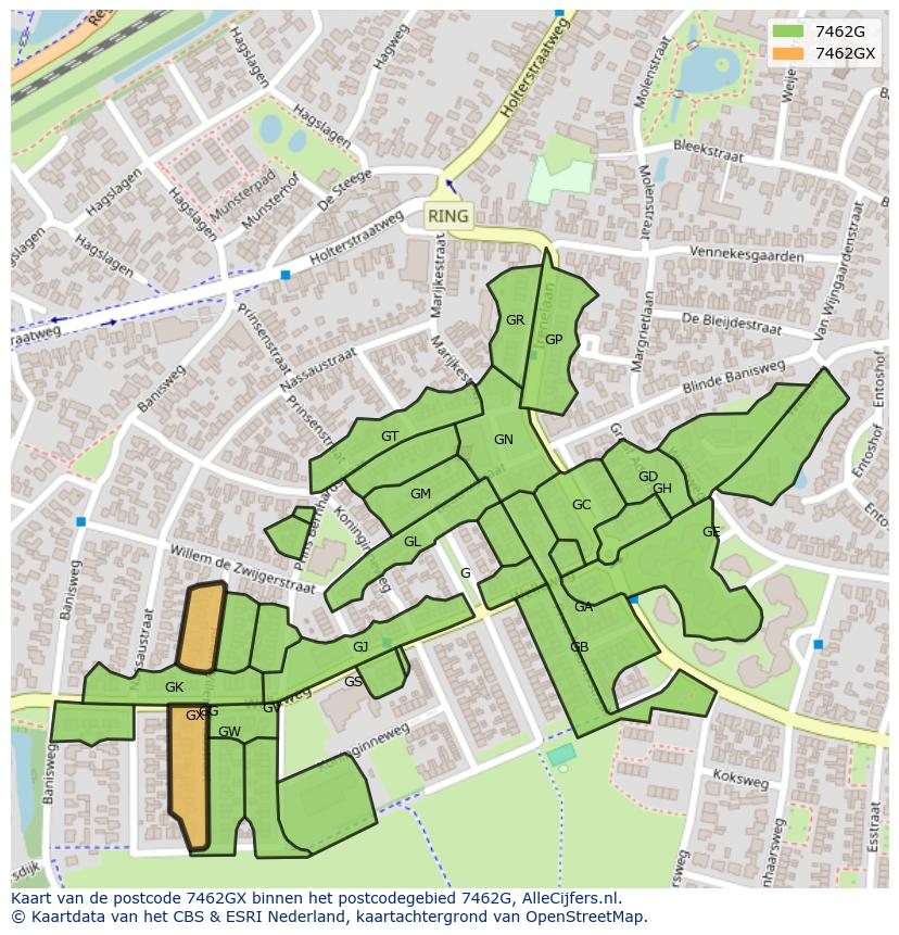 Afbeelding van het postcodegebied 7462 GX op de kaart.