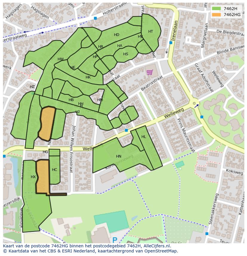 Afbeelding van het postcodegebied 7462 HG op de kaart.