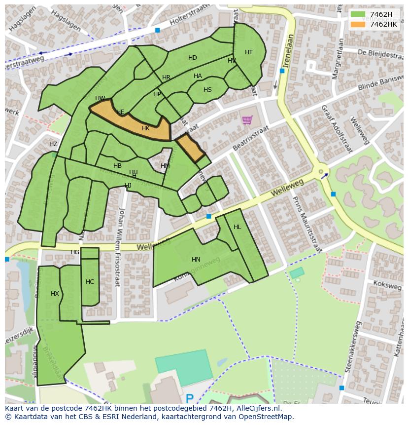 Afbeelding van het postcodegebied 7462 HK op de kaart.