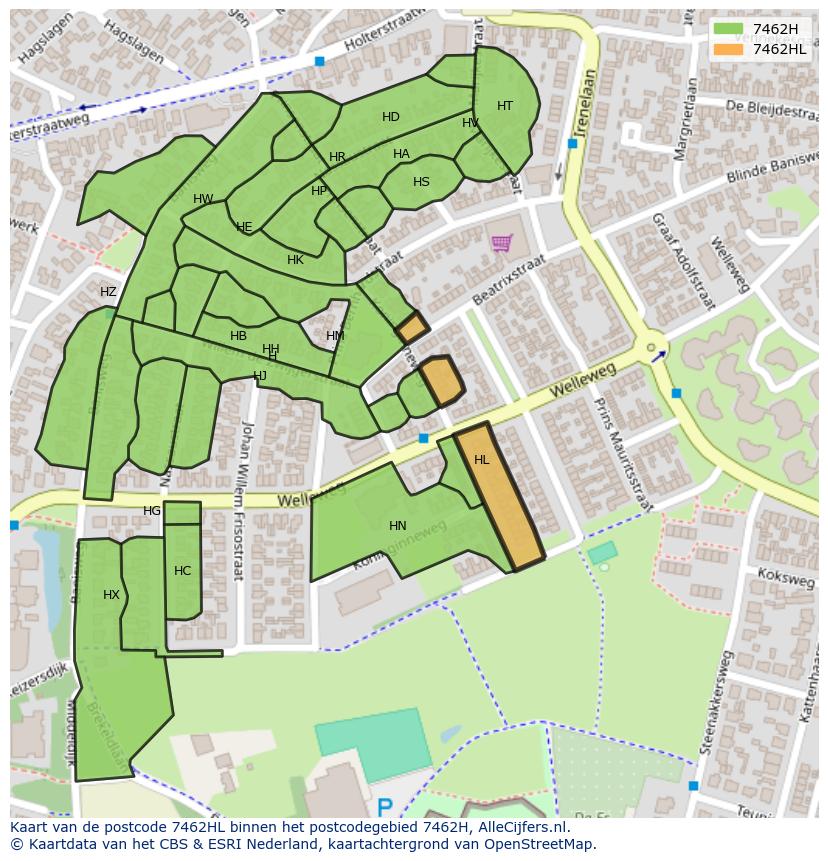 Afbeelding van het postcodegebied 7462 HL op de kaart.
