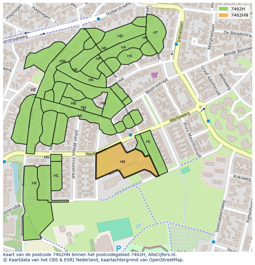 Afbeelding van het postcodegebied 7462 HN op de kaart.