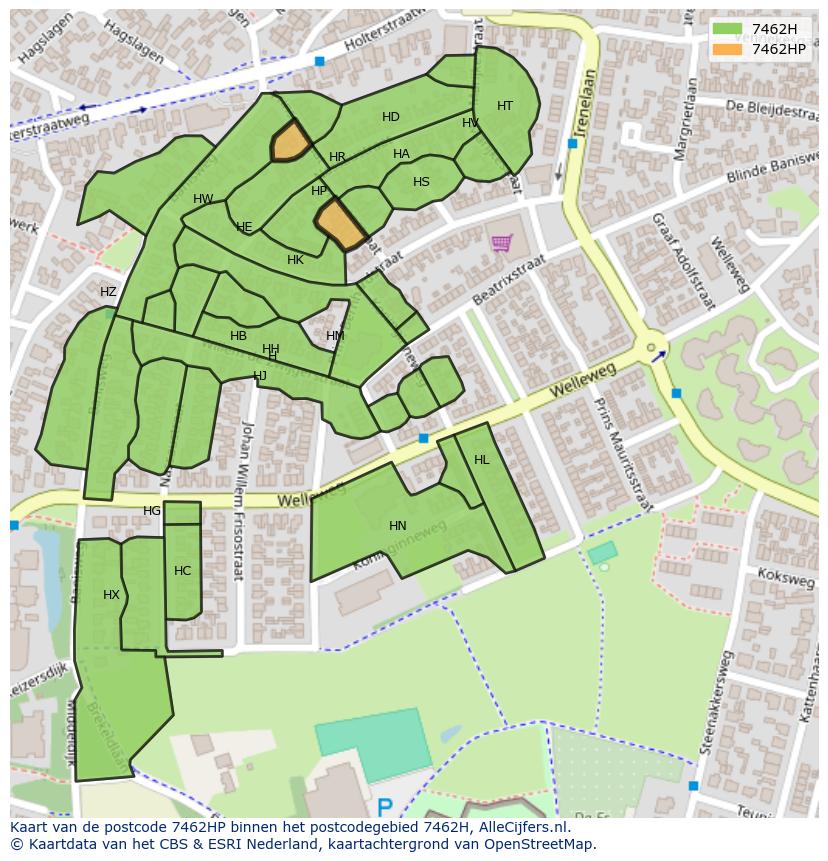 Afbeelding van het postcodegebied 7462 HP op de kaart.