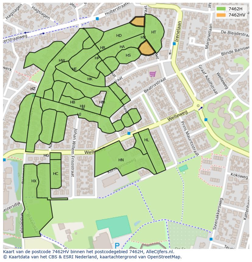 Afbeelding van het postcodegebied 7462 HV op de kaart.