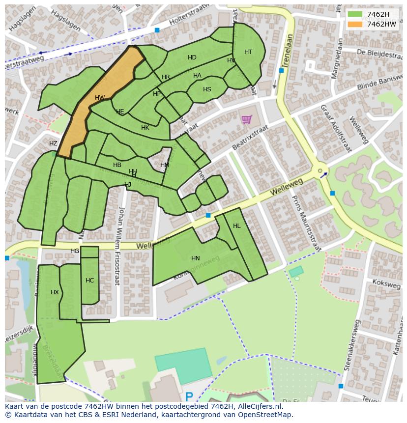 Afbeelding van het postcodegebied 7462 HW op de kaart.
