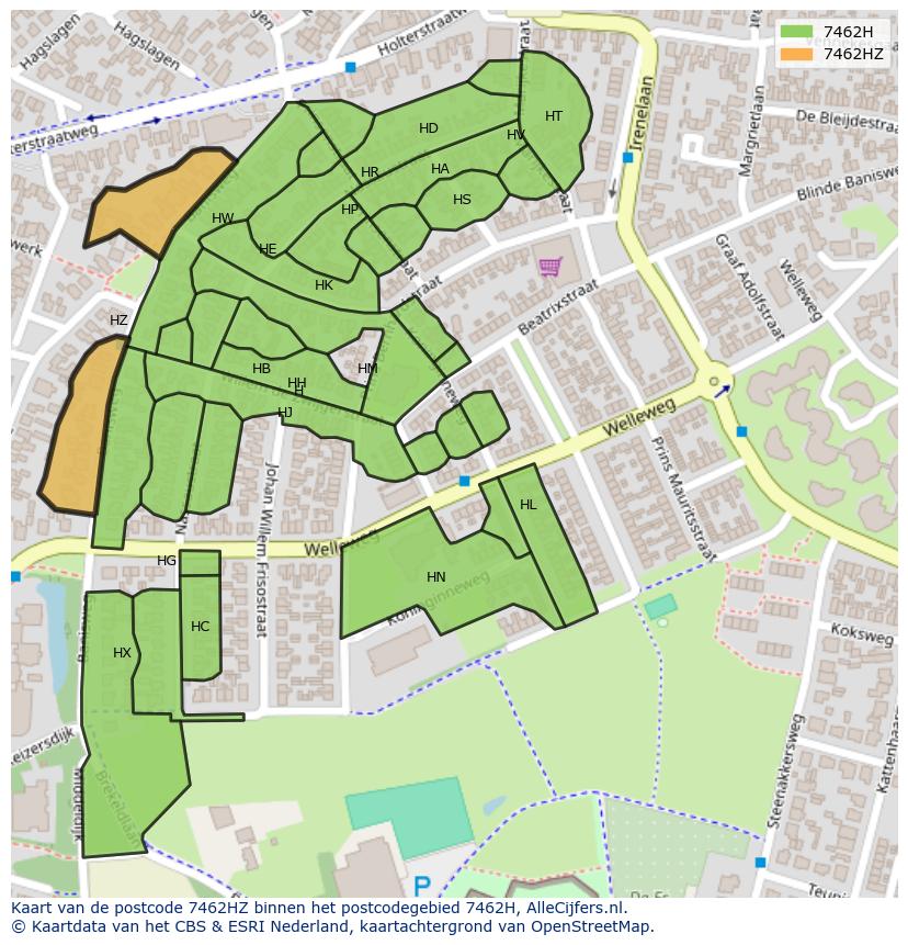 Afbeelding van het postcodegebied 7462 HZ op de kaart.