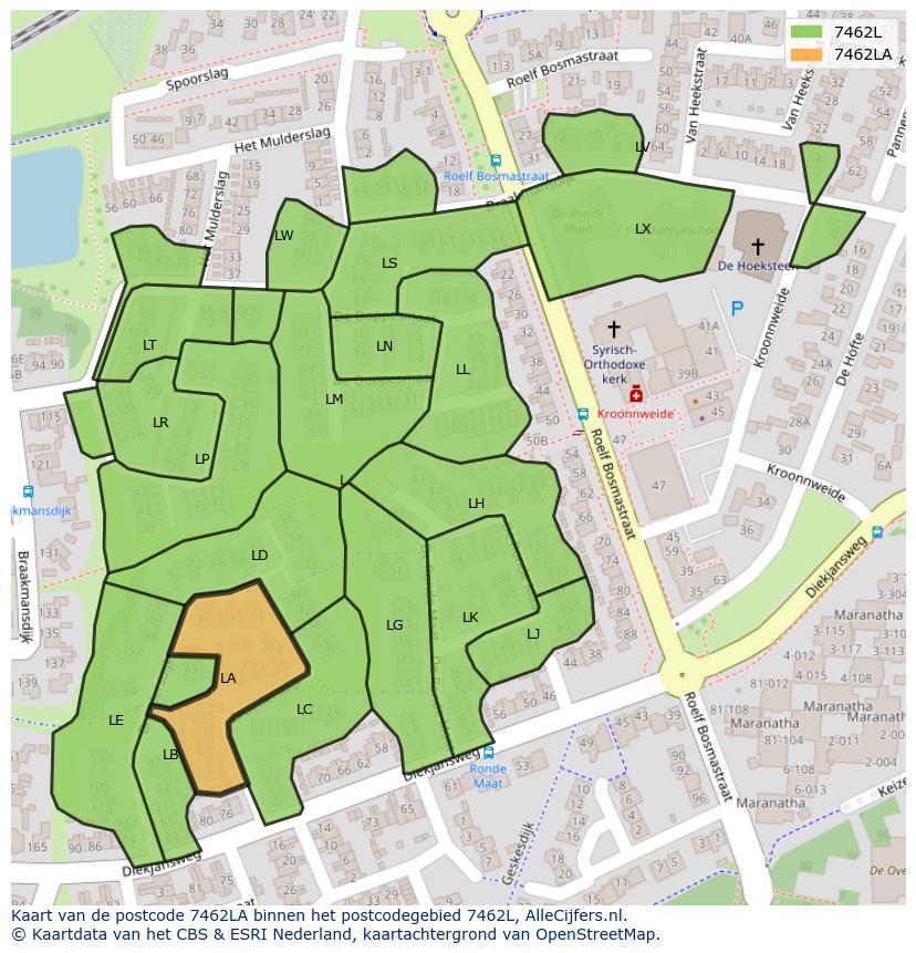 Afbeelding van het postcodegebied 7462 LA op de kaart.