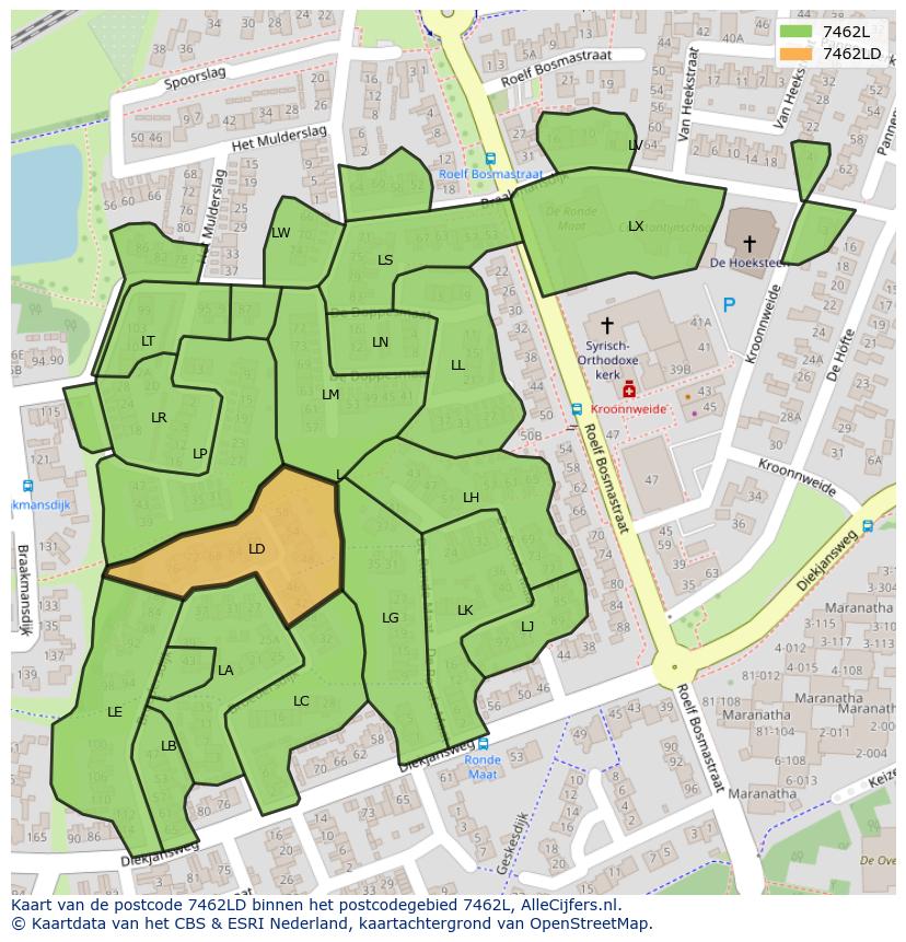 Afbeelding van het postcodegebied 7462 LD op de kaart.