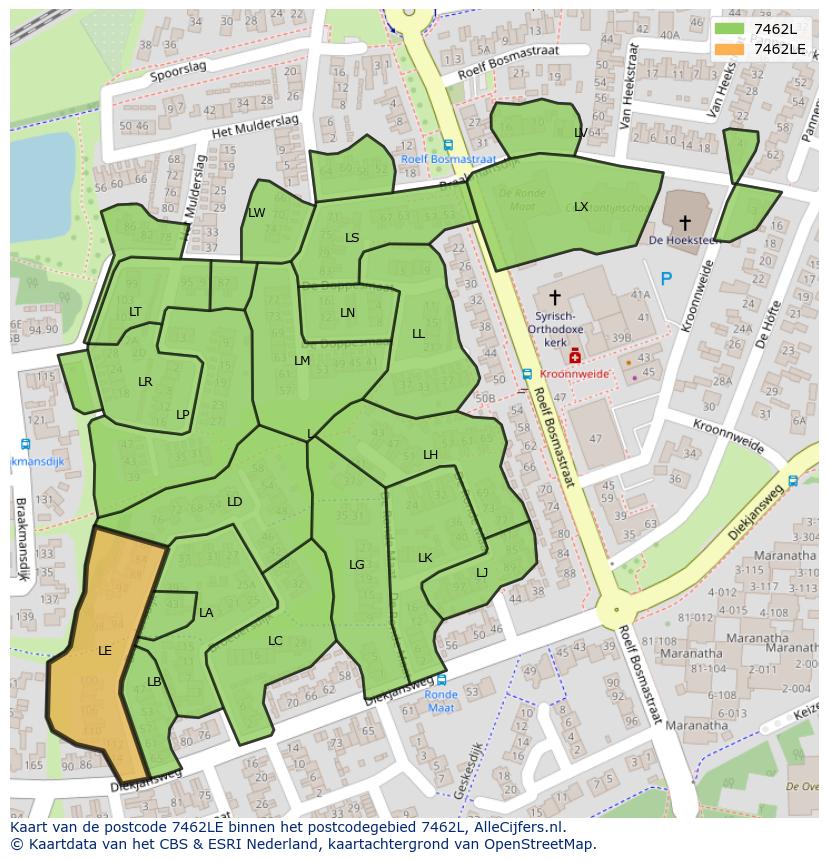 Afbeelding van het postcodegebied 7462 LE op de kaart.