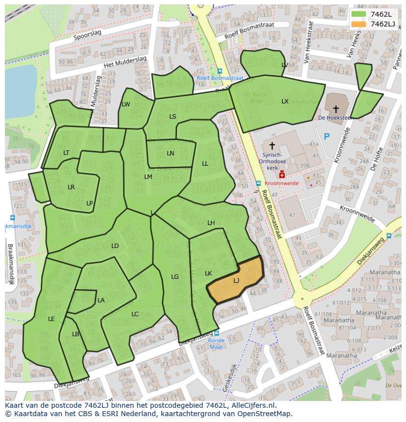 Afbeelding van het postcodegebied 7462 LJ op de kaart.