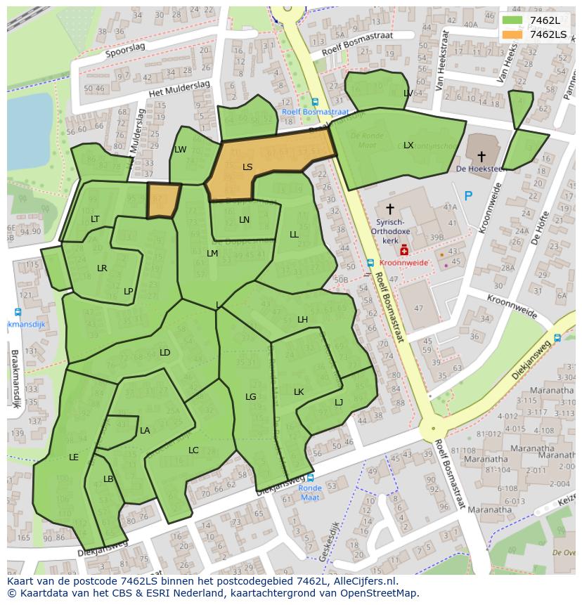 Afbeelding van het postcodegebied 7462 LS op de kaart.