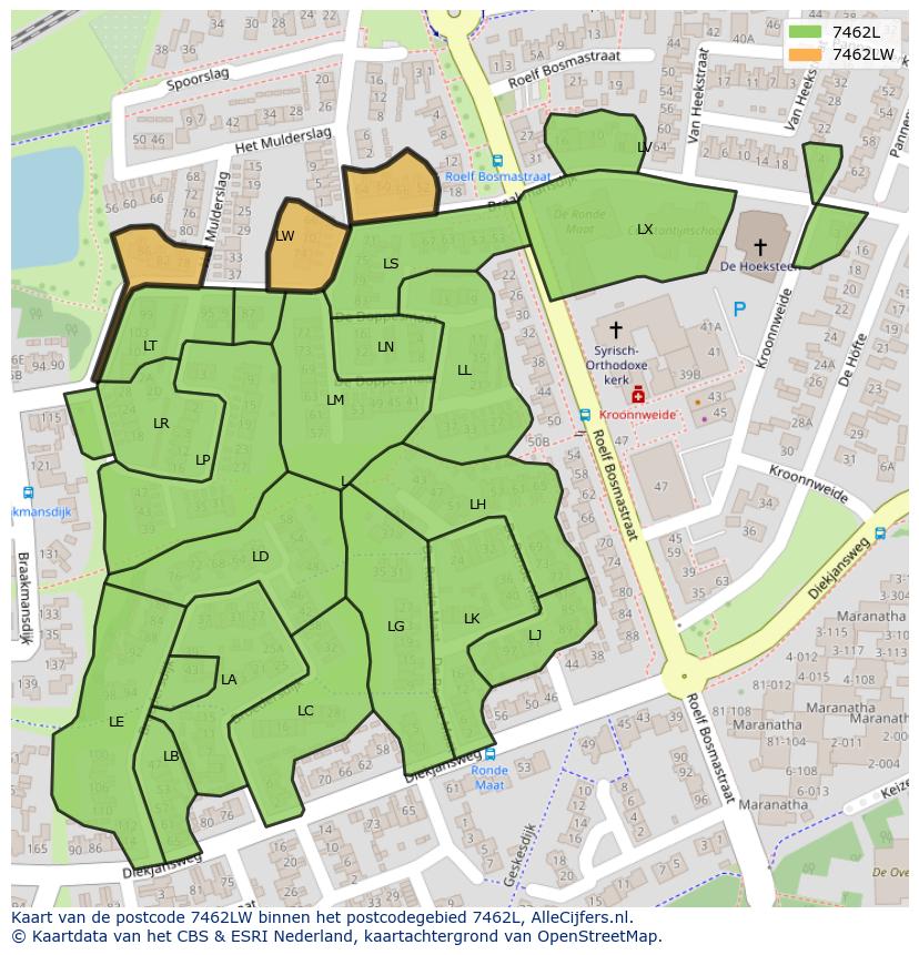 Afbeelding van het postcodegebied 7462 LW op de kaart.