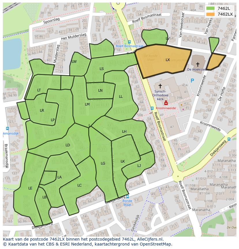 Afbeelding van het postcodegebied 7462 LX op de kaart.
