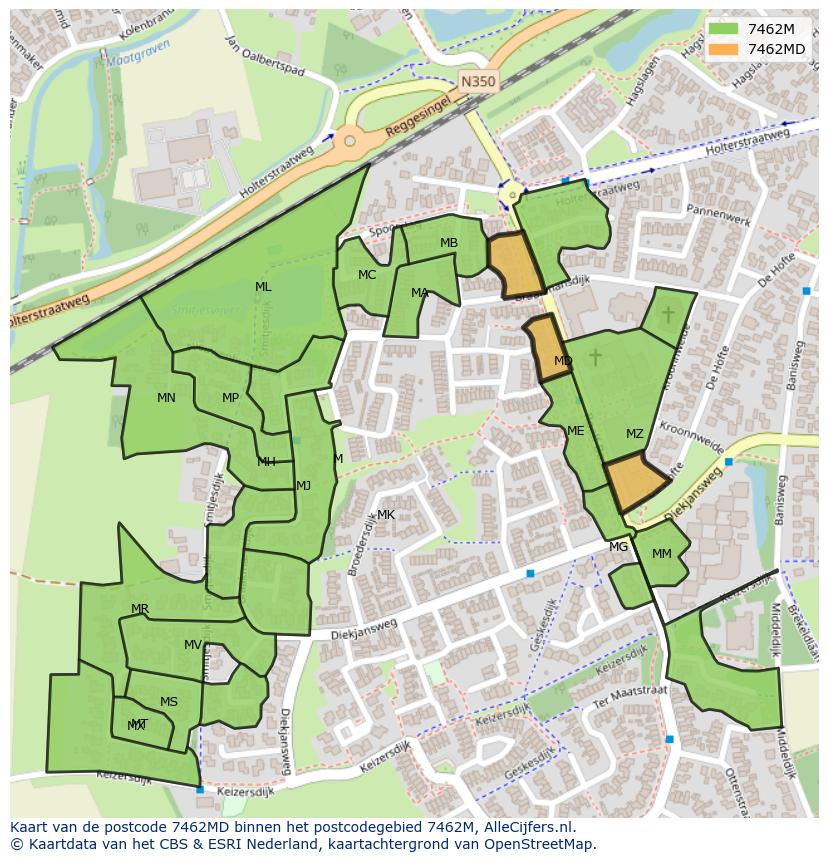 Afbeelding van het postcodegebied 7462 MD op de kaart.