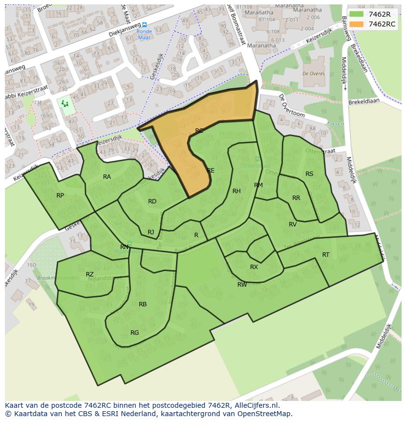 Afbeelding van het postcodegebied 7462 RC op de kaart.