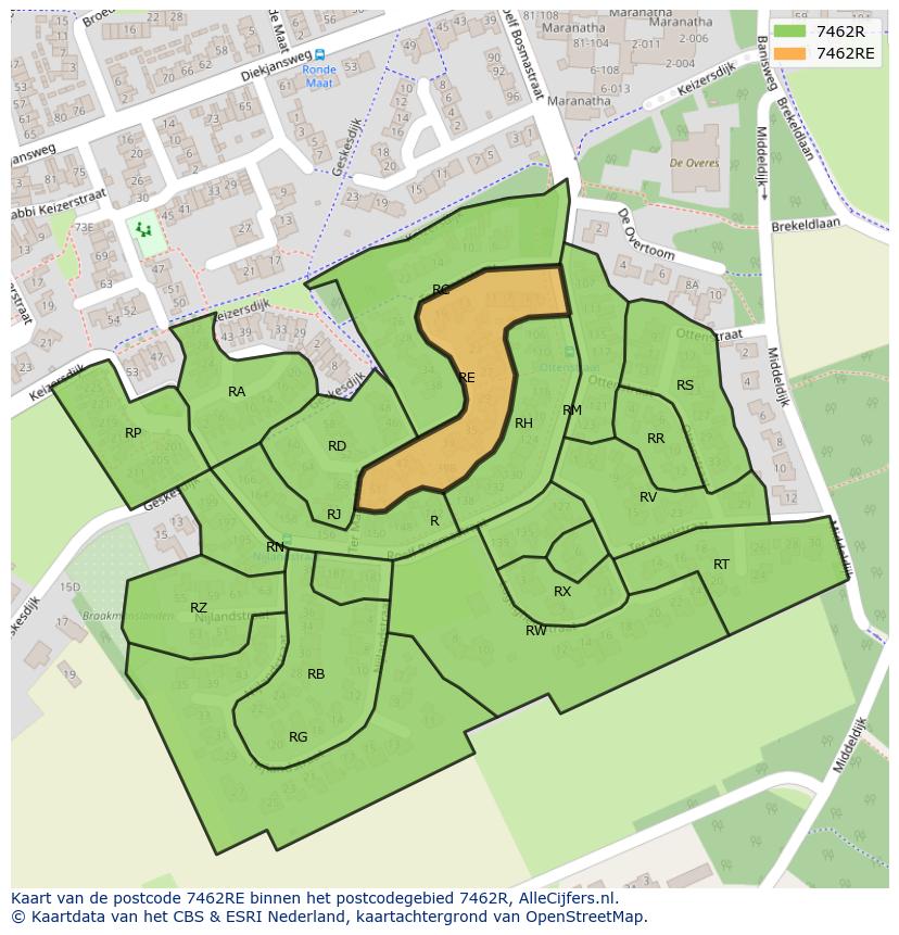 Afbeelding van het postcodegebied 7462 RE op de kaart.