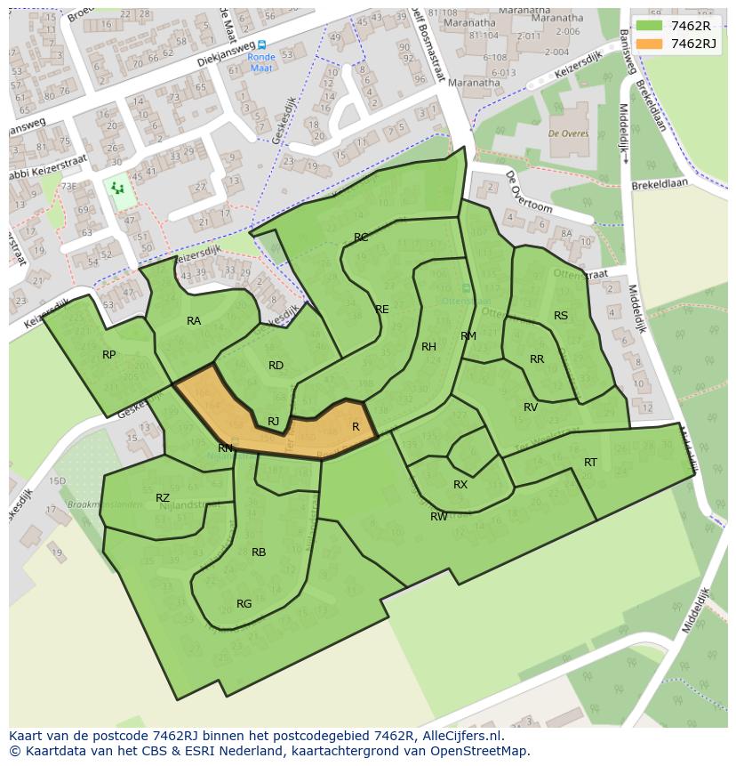 Afbeelding van het postcodegebied 7462 RJ op de kaart.