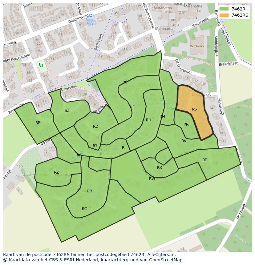 Afbeelding van het postcodegebied 7462 RS op de kaart.