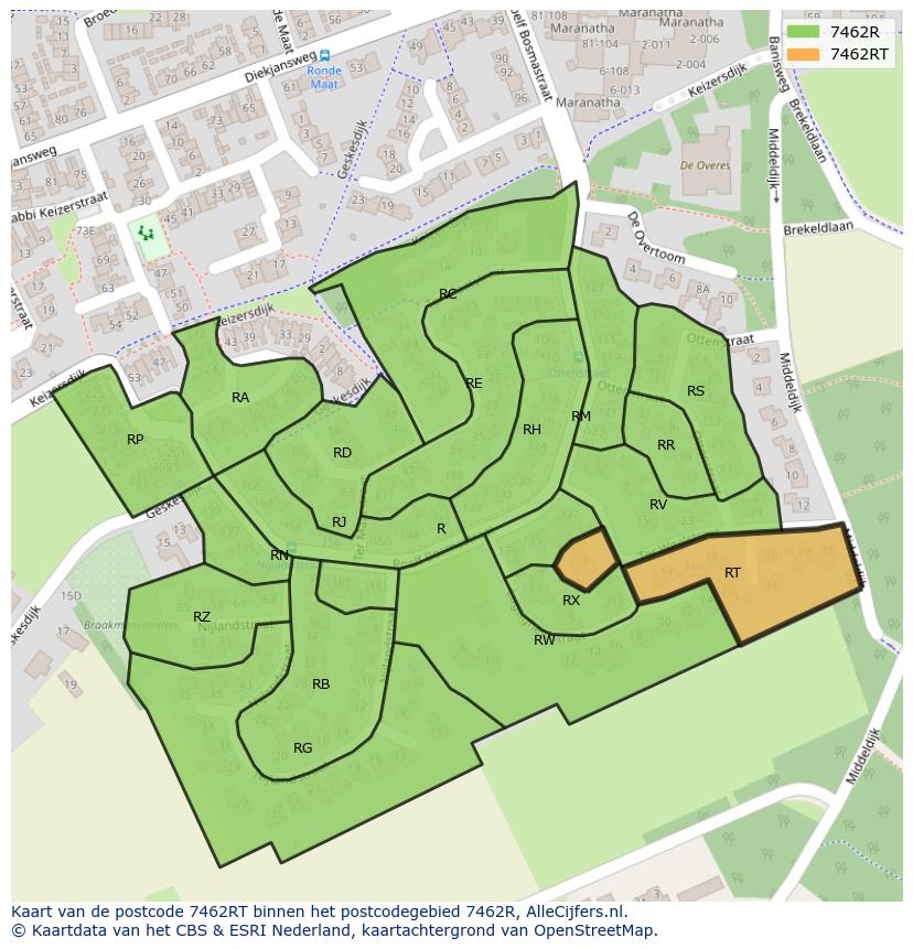 Afbeelding van het postcodegebied 7462 RT op de kaart.
