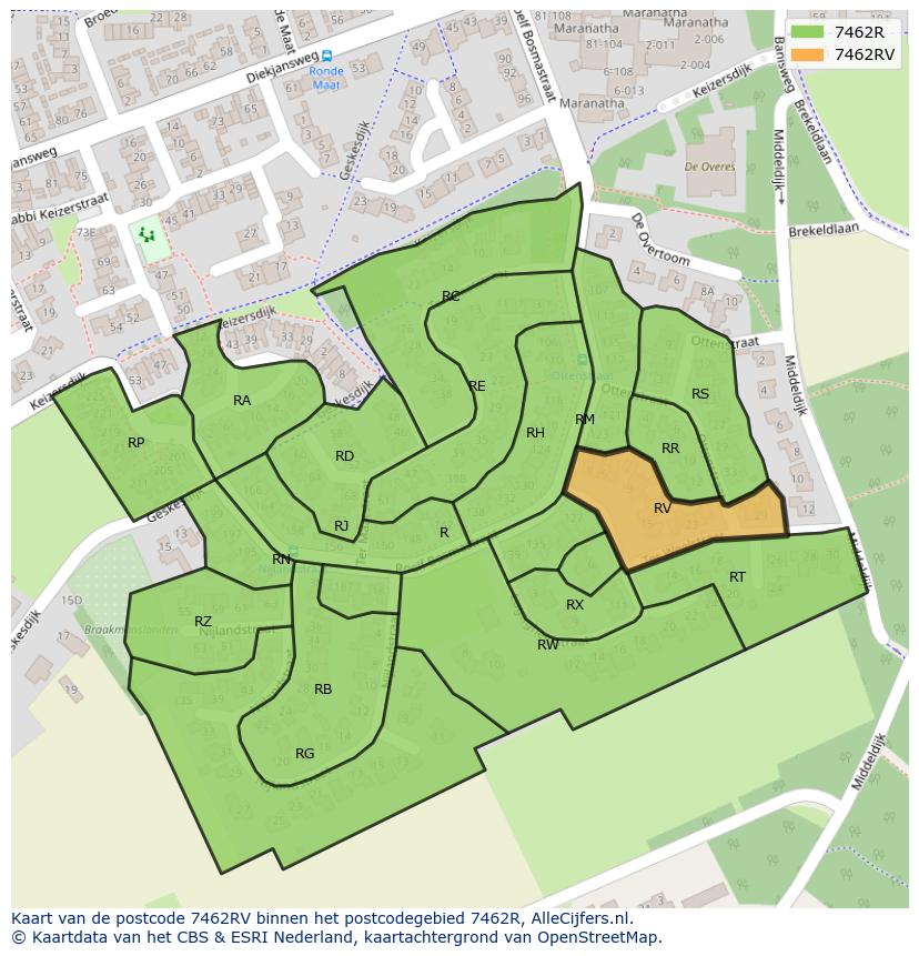 Afbeelding van het postcodegebied 7462 RV op de kaart.