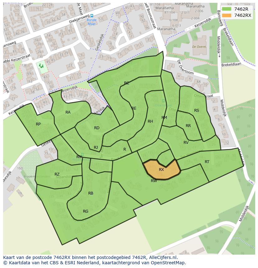 Afbeelding van het postcodegebied 7462 RX op de kaart.