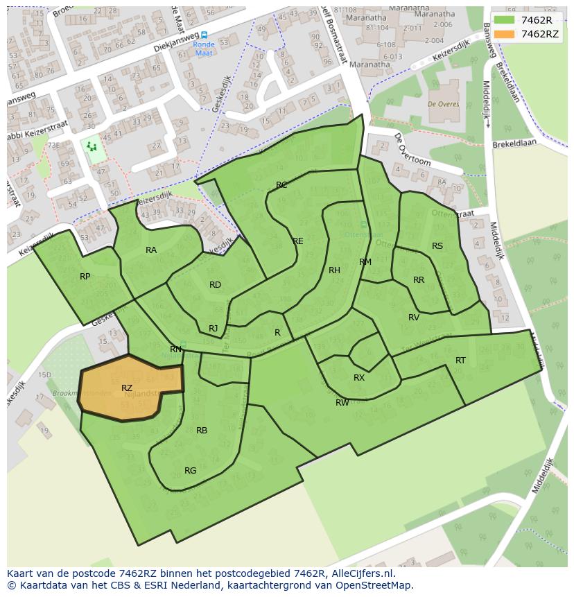 Afbeelding van het postcodegebied 7462 RZ op de kaart.