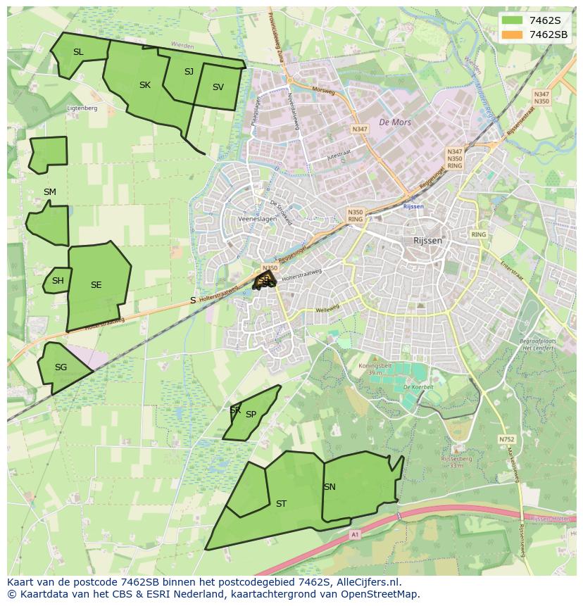 Afbeelding van het postcodegebied 7462 SB op de kaart.