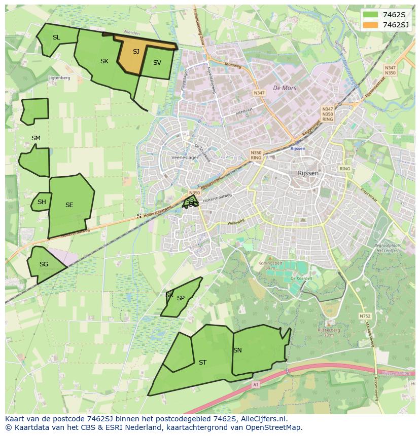 Afbeelding van het postcodegebied 7462 SJ op de kaart.