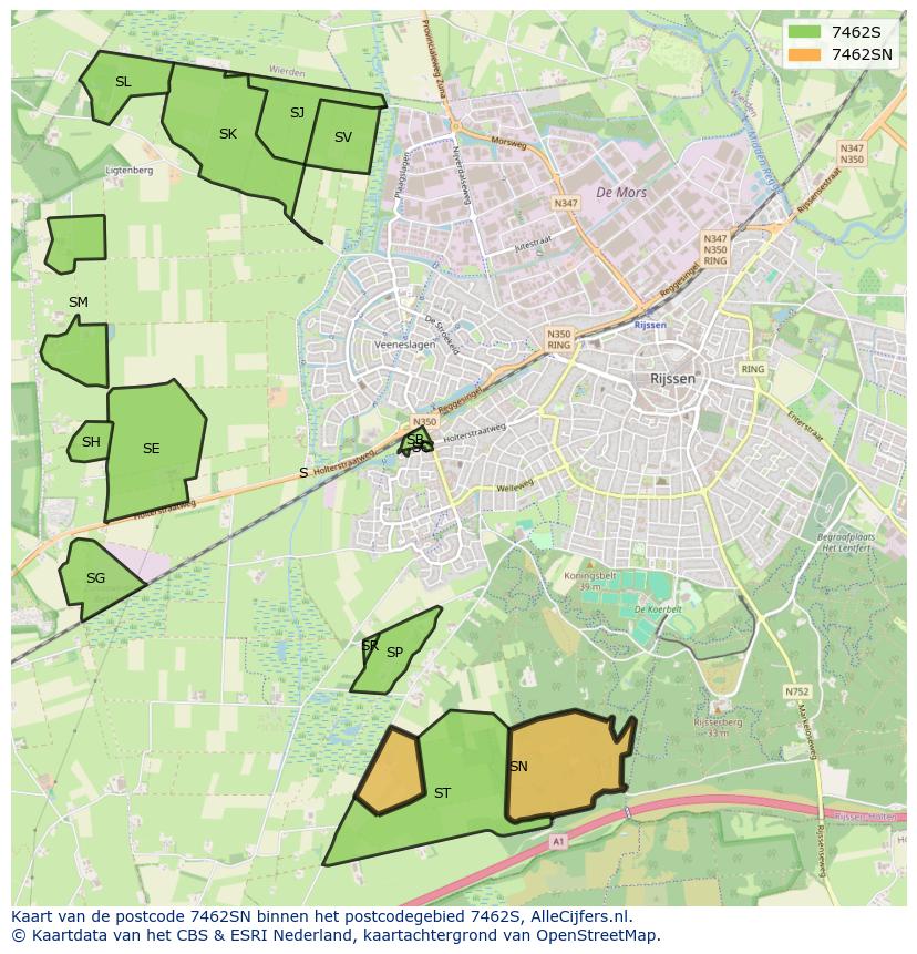 Afbeelding van het postcodegebied 7462 SN op de kaart.