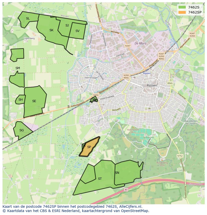 Afbeelding van het postcodegebied 7462 SP op de kaart.
