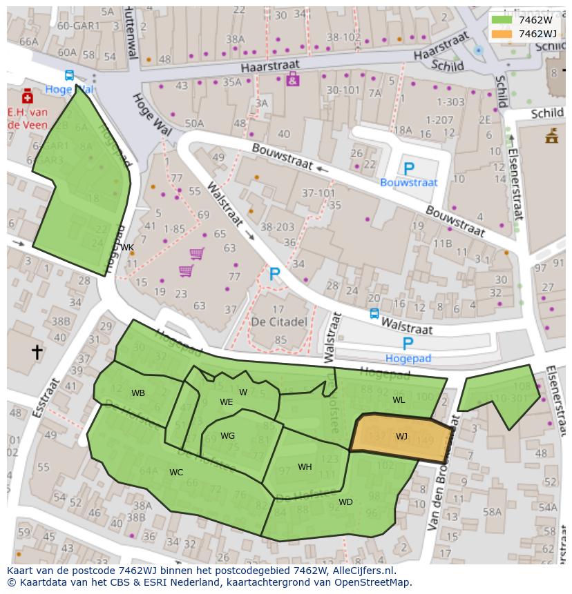 Afbeelding van het postcodegebied 7462 WJ op de kaart.