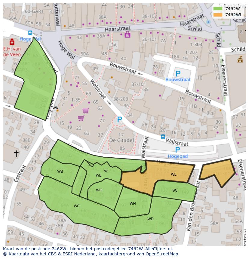 Afbeelding van het postcodegebied 7462 WL op de kaart.