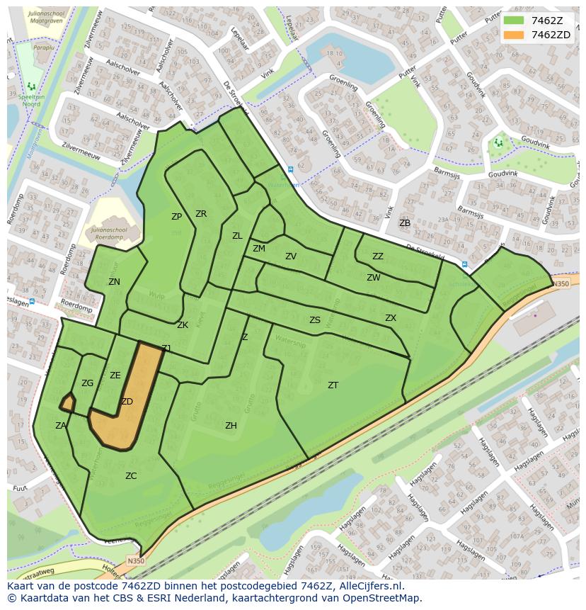 Afbeelding van het postcodegebied 7462 ZD op de kaart.